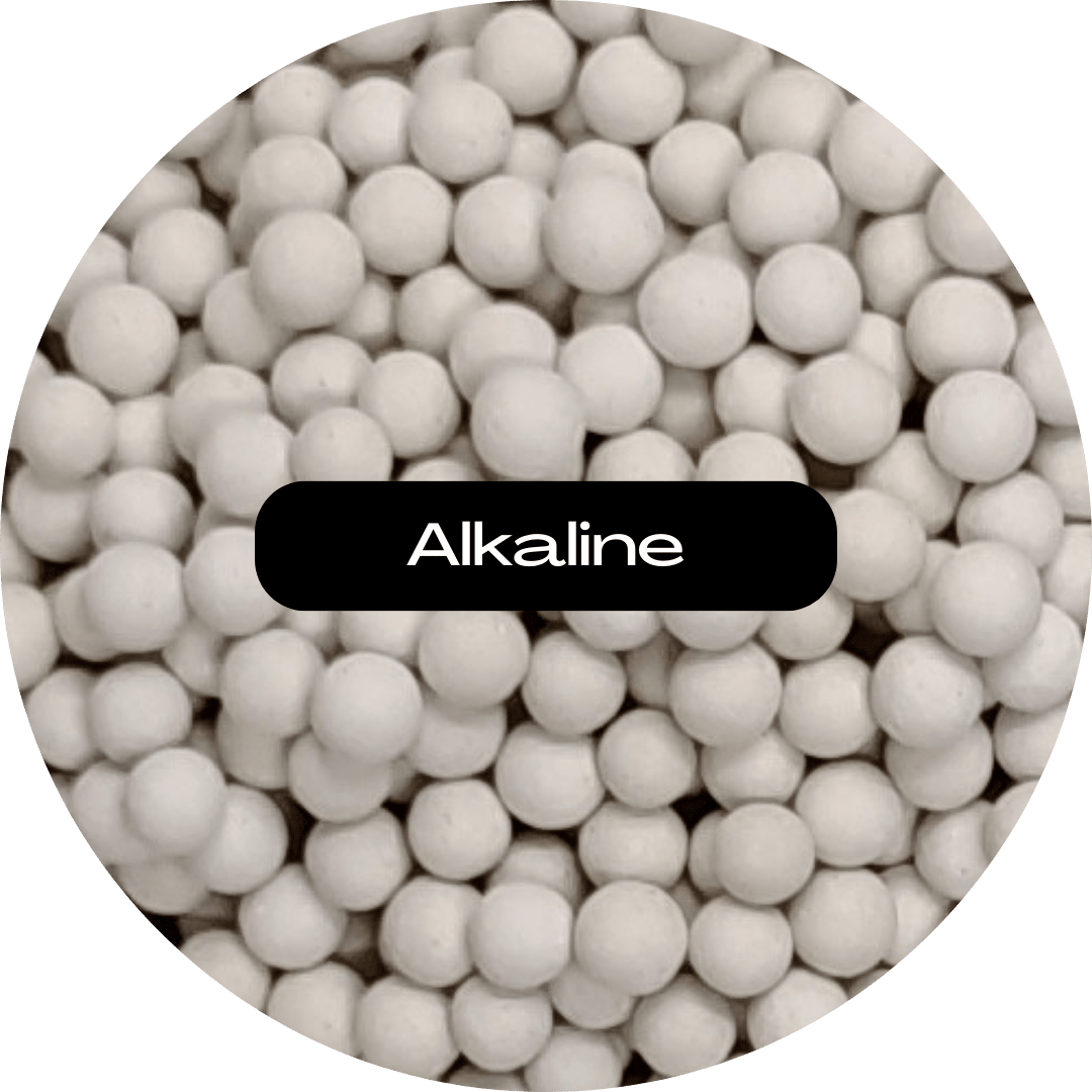 White alkaline balls with the label 'Alkaline' in the center.