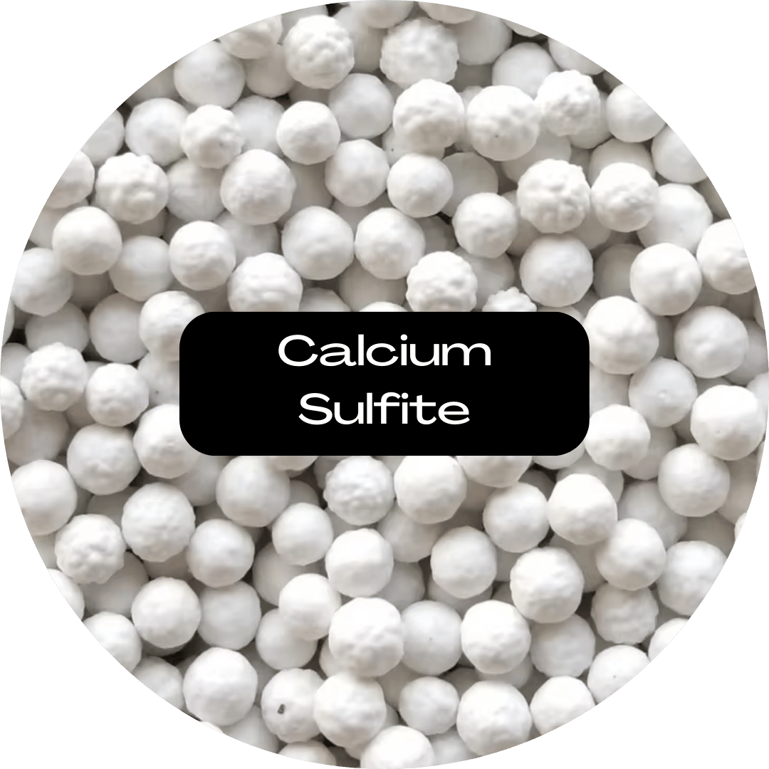 White beads labeled 'Calcium Sulfite' on a black background.