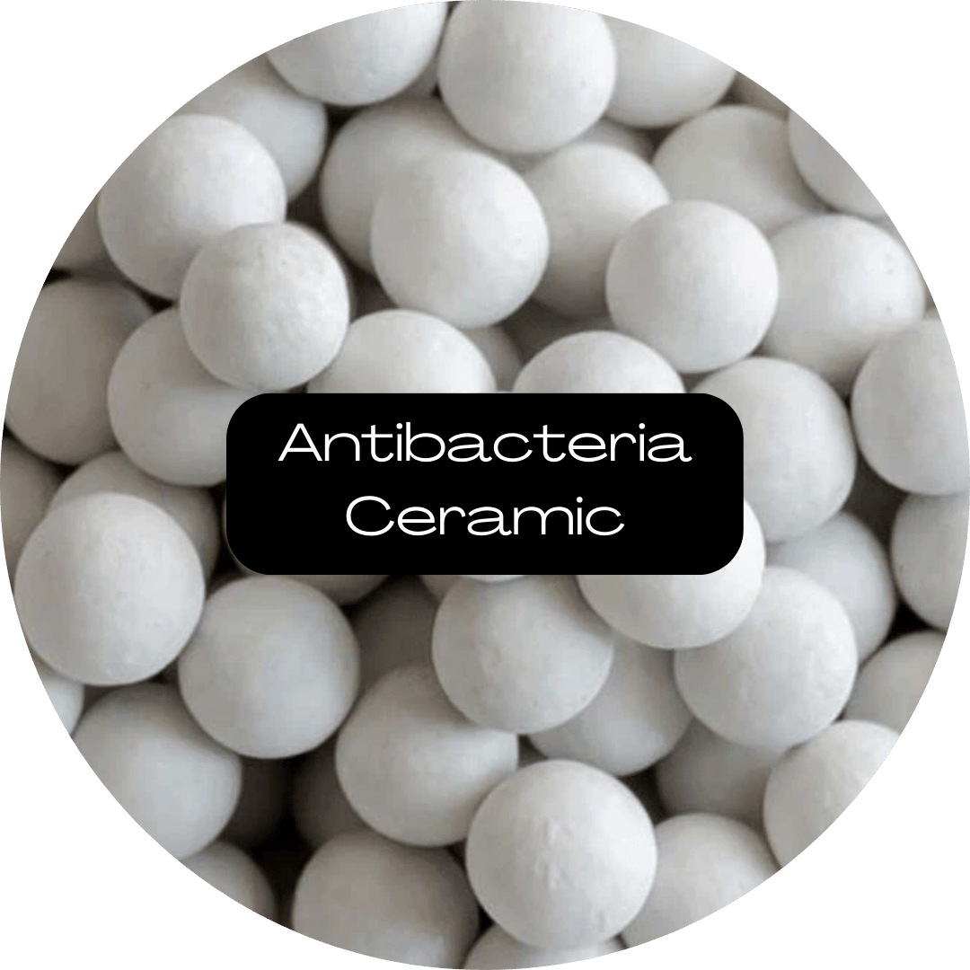 White ceramic balls with a label reading 'Antibacteria Ceramic.'